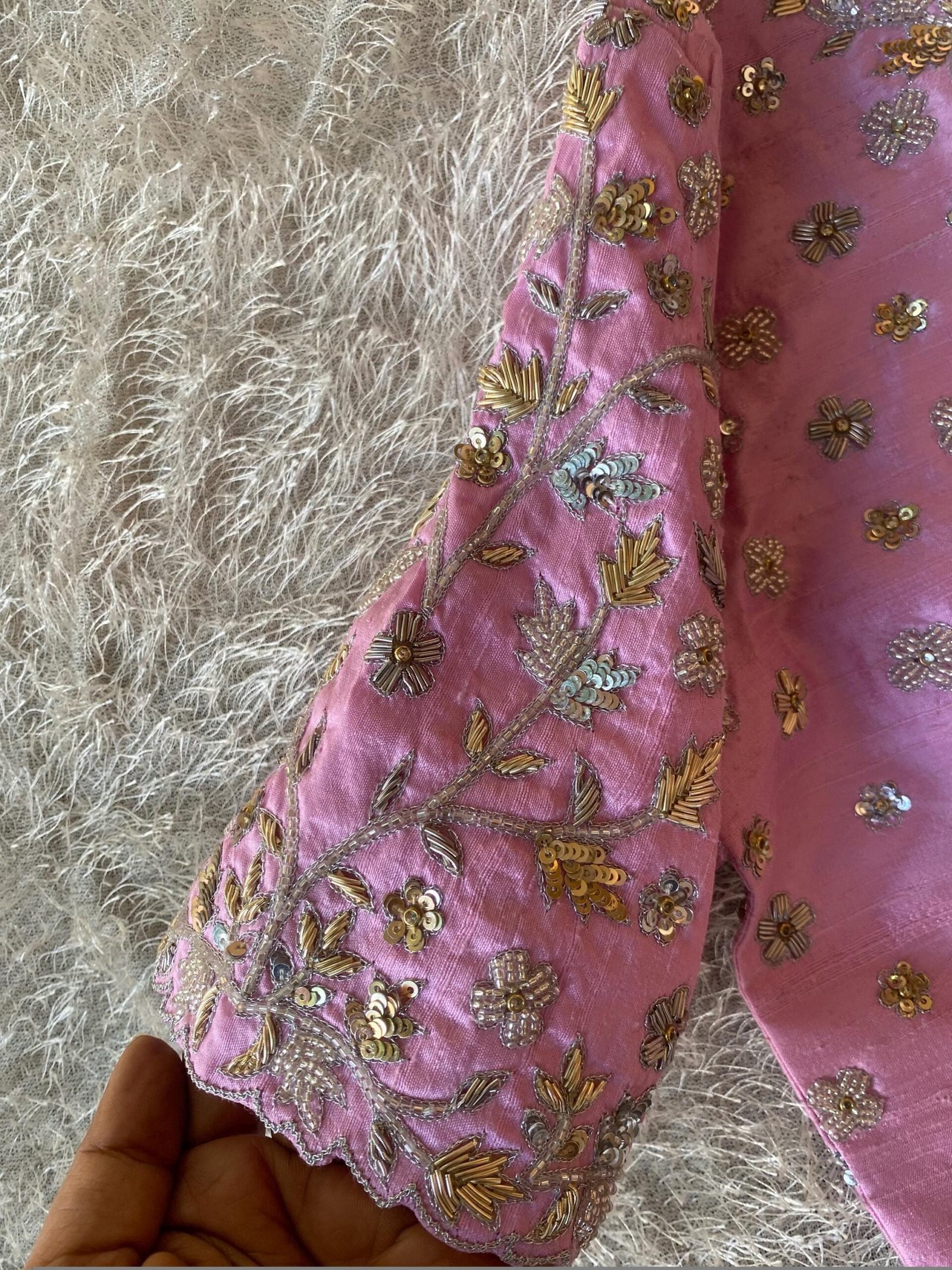 Hand Embroidered Silk Bridal Blouse: Pink Zardosi Maggam Work