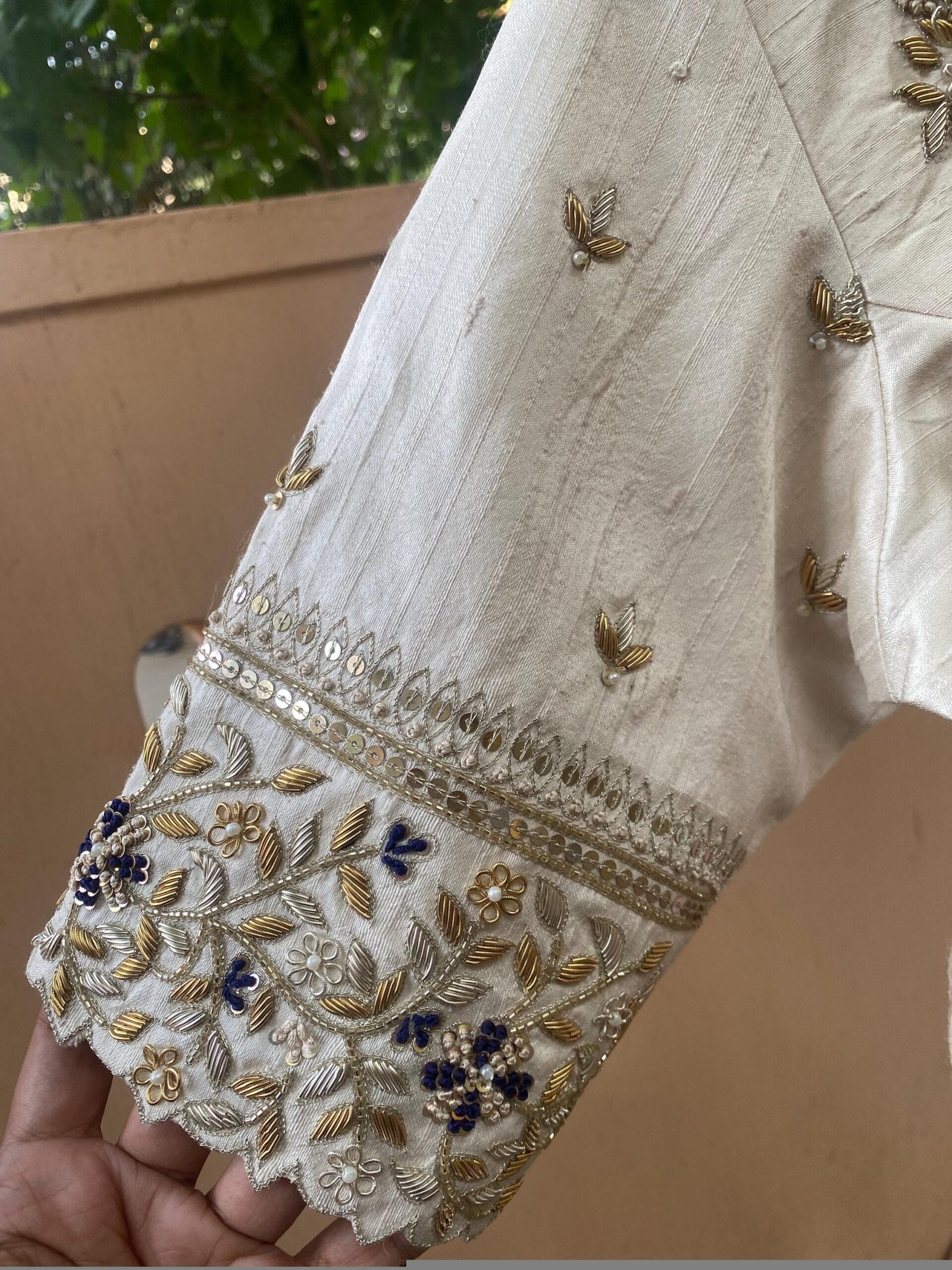 Hand Embroidered Zardosi Blouse: Cream Raw Silk Saree Blouse