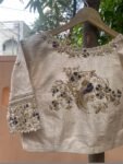 Hand Embroidered Zardosi Blouse: Cream Raw Silk Saree Blouse