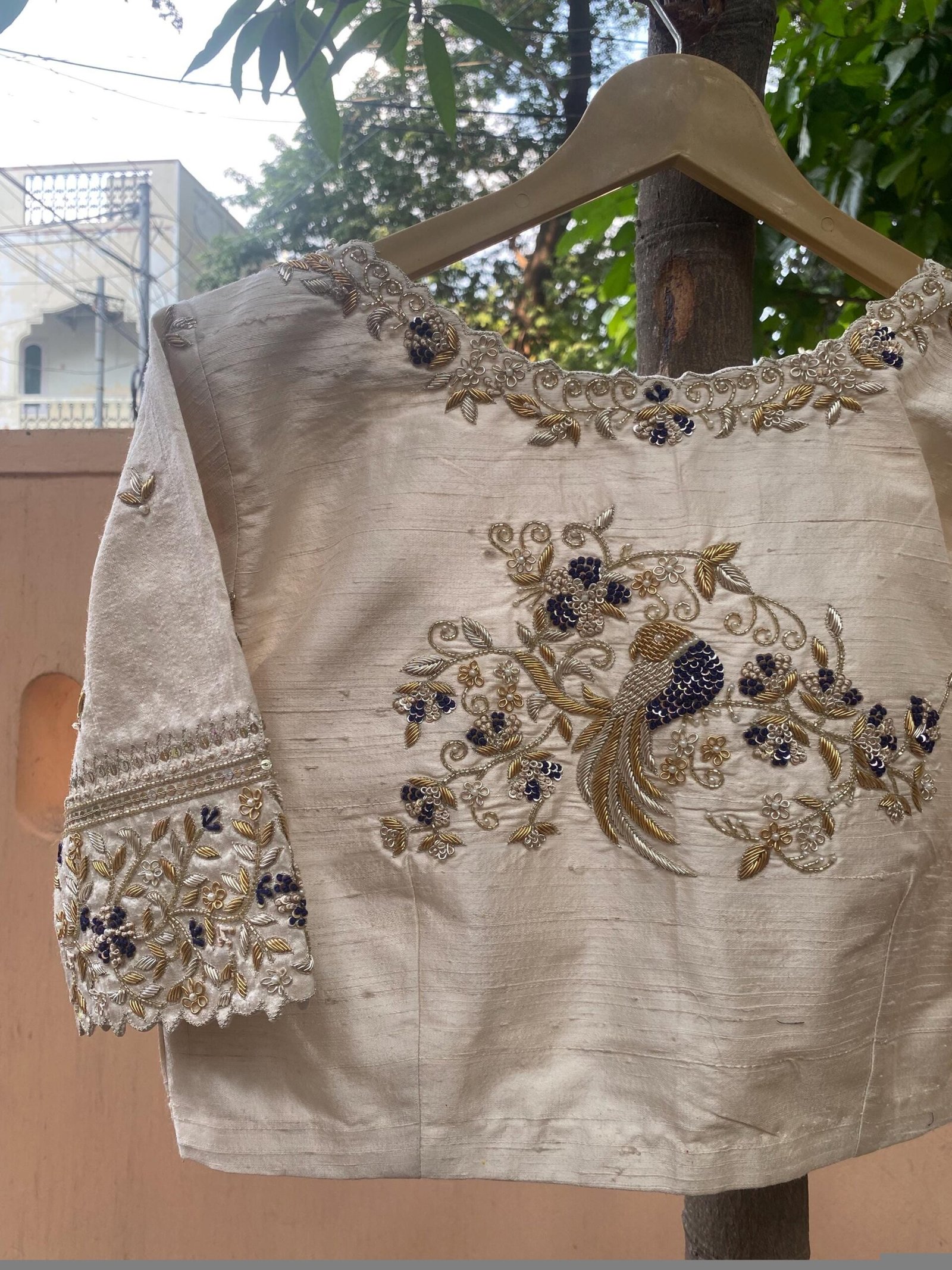 Hand Embroidered Zardosi Blouse: Cream Raw Silk Saree Blouse