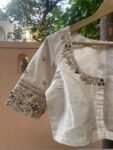 Hand Embroidered Zardosi Blouse: Cream Raw Silk Saree Blouse