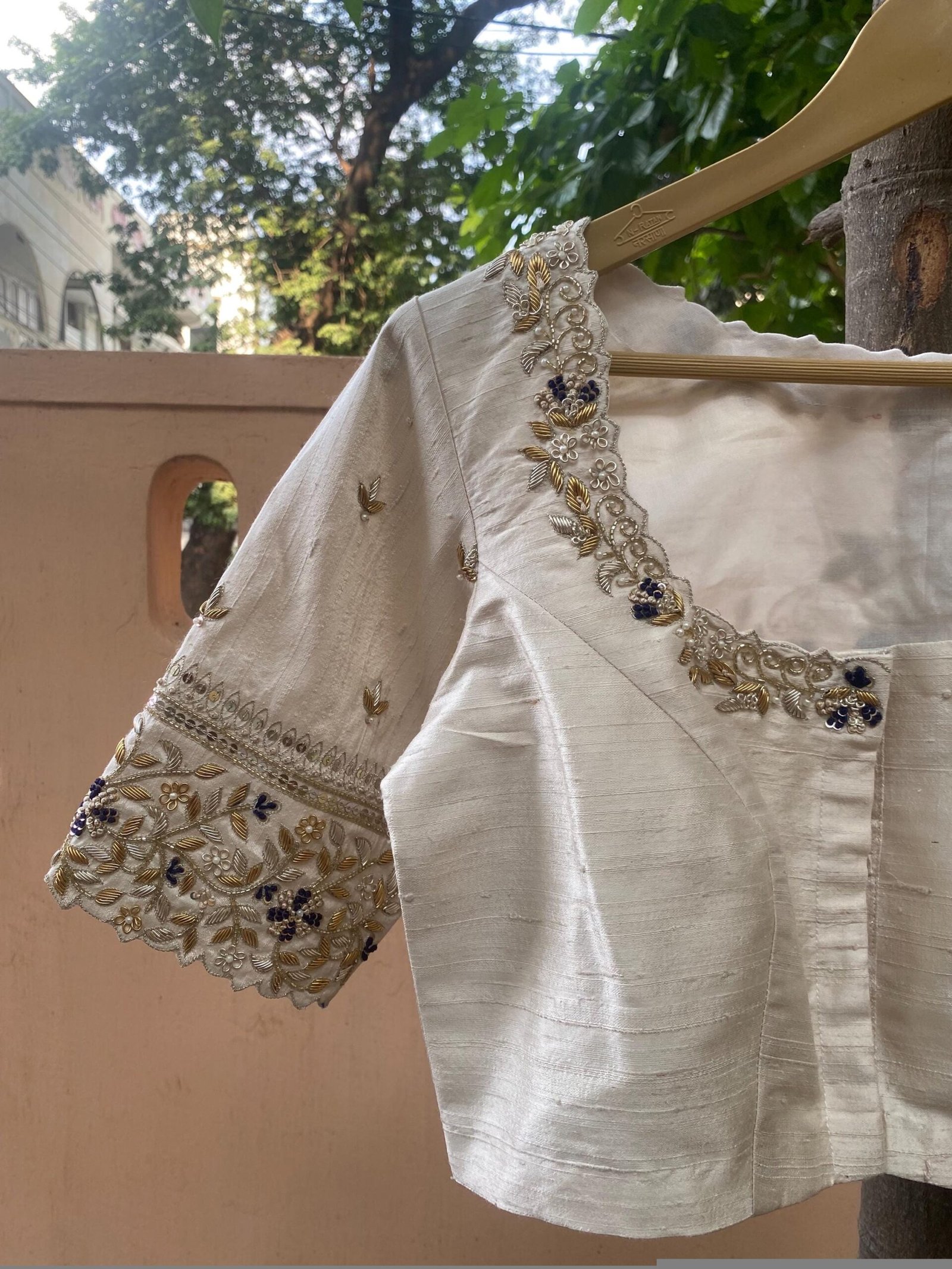 Hand Embroidered Zardosi Blouse: Cream Raw Silk Saree Blouse