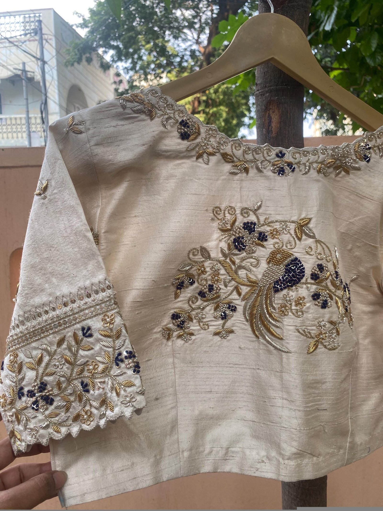 Hand Embroidered Zardosi Blouse: Cream Raw Silk Saree Blouse