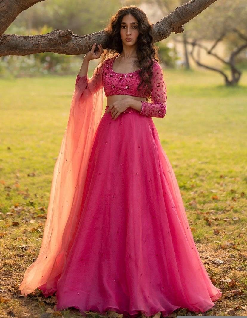 Hand Embroidered Pink Organza Lehenga Set: Indian Crop Top Skirt