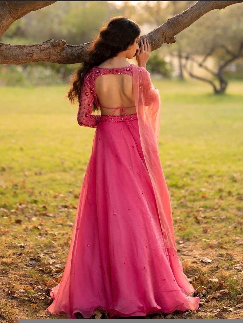 Hand Embroidered Pink Organza Lehenga Set: Indian Crop Top Skirt