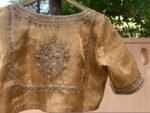 Pure Silk Saree Blouse:Golden Zardosi Hand Embroidery, Elbow Sleeve,golden tissue blouse,handwork blouse,silver blouse,golden blouse USA