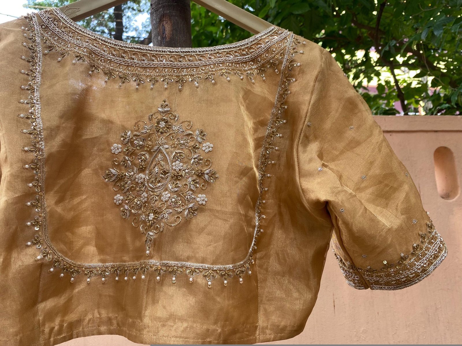 Pure Silk Saree Blouse:Golden Zardosi Hand Embroidery, Elbow Sleeve,golden tissue blouse,handwork blouse,silver blouse,golden blouse USA