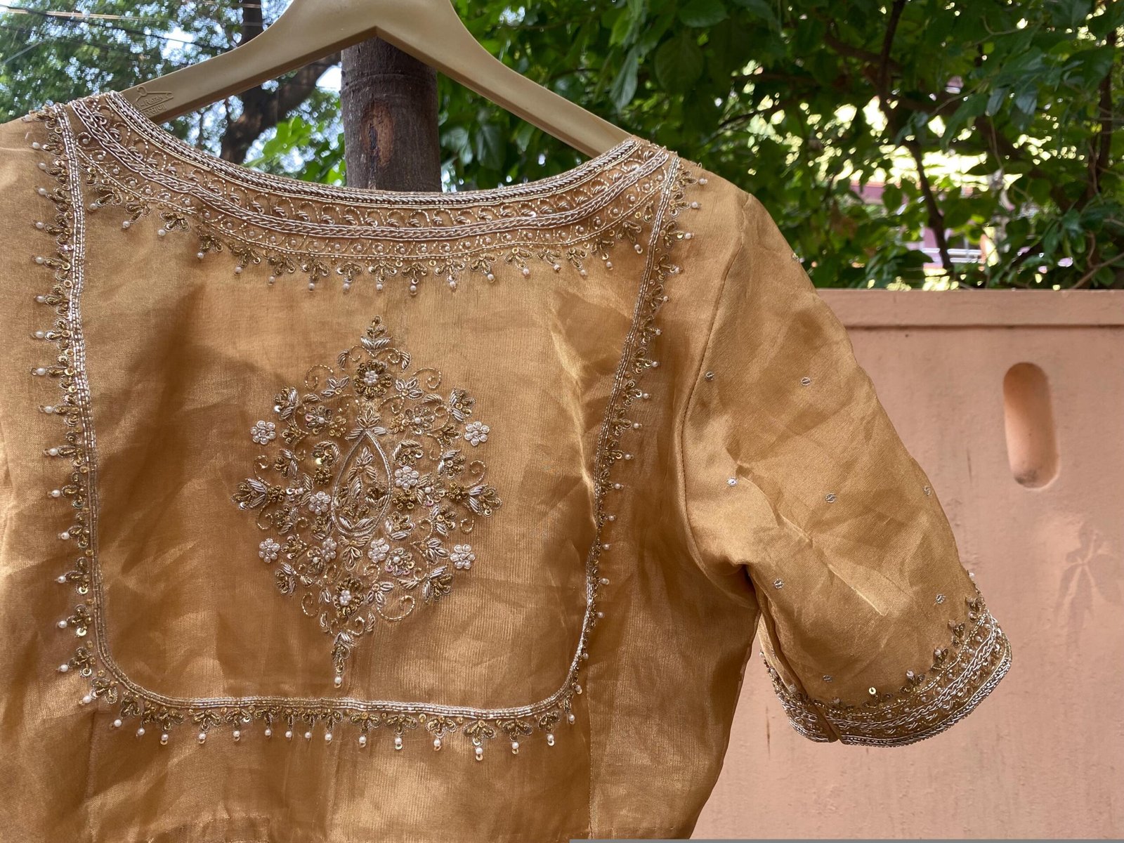 Pure Silk Saree Blouse:Golden Zardosi Hand Embroidery, Elbow Sleeve,golden tissue blouse,handwork blouse,silver blouse,golden blouse USA