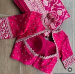 Hand Embroidered Silk Saree Blouse: Rani Pink Zardosi Maggam