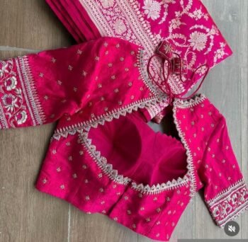 Hand Embroidered Silk Saree Blouse: Rani Pink Zardosi Maggam