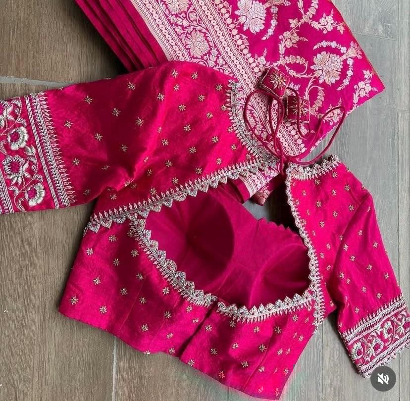 Hand Embroidered Silk Saree Blouse: Rani Pink Zardosi Maggam