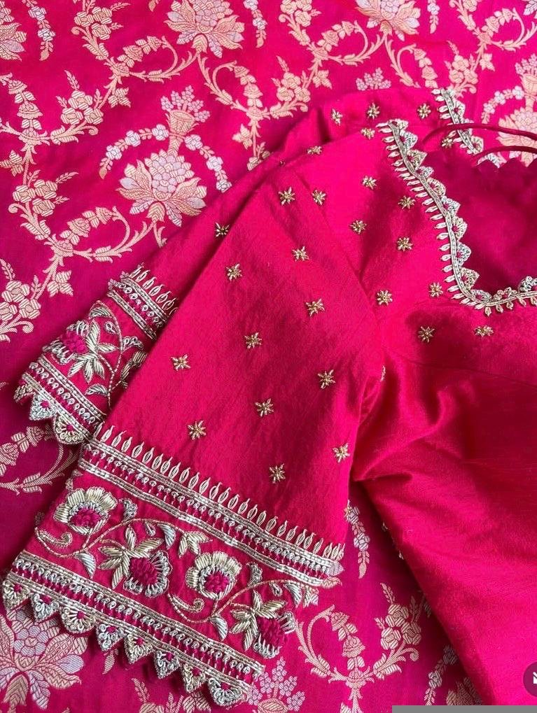 Hand Embroidered Silk Saree Blouse: Rani Pink Zardosi Maggam