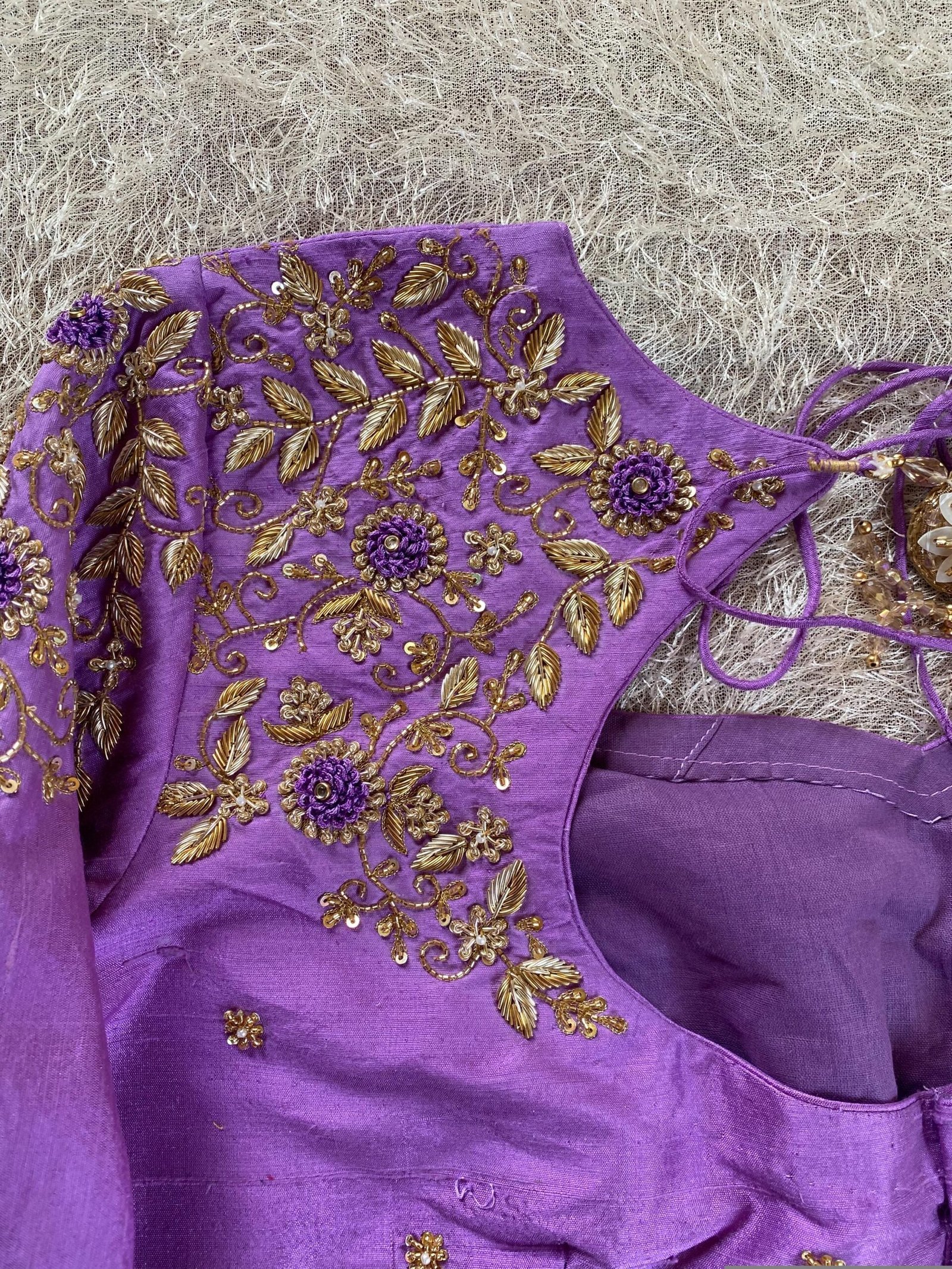 Lavender Hand-Embroidered Saree Blouse: Raw Silk Zardosi Maggam Work