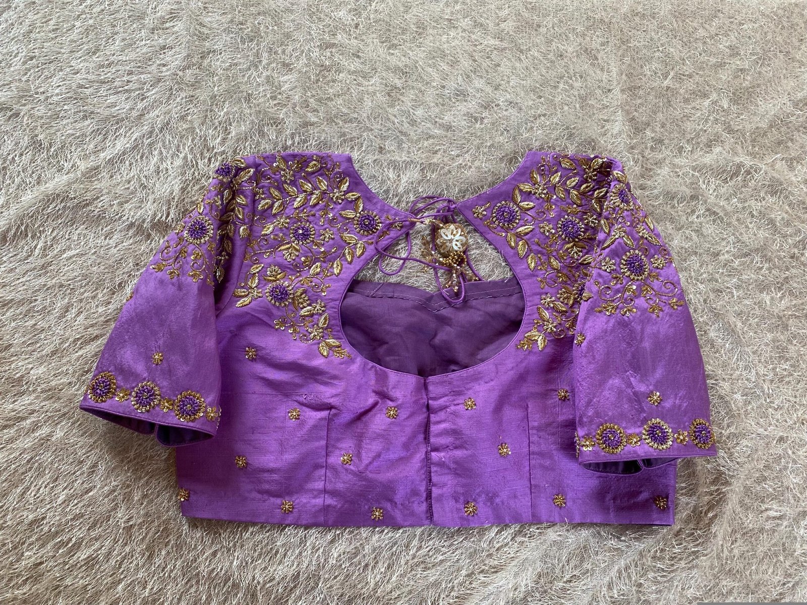 Lavender Hand-Embroidered Saree Blouse: Raw Silk Zardosi Maggam Work