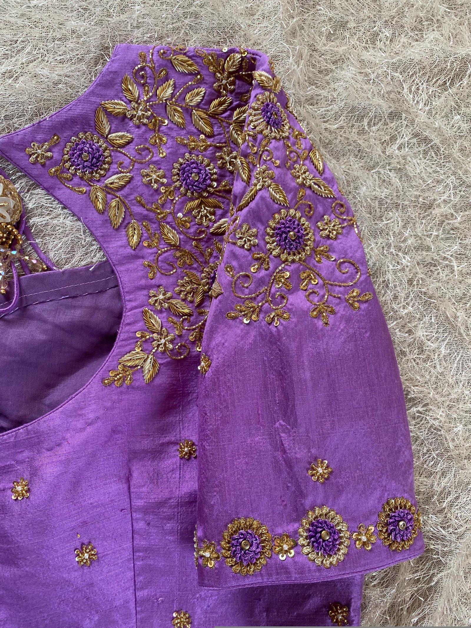 Lavender Hand-Embroidered Saree Blouse: Raw Silk Zardosi Maggam Work
