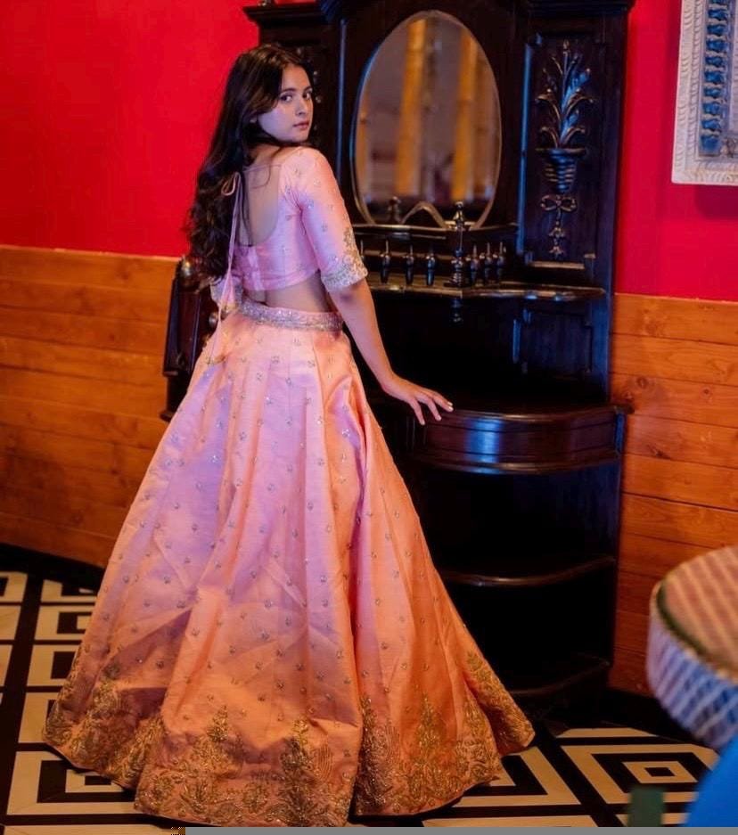 Pink Hand Embroidered Raw Silk Lehenga Set: Indian Bridal Crop Top,Indian wedding lehenga,bridal lehenga,pink reception lehenga,heavy leheng
