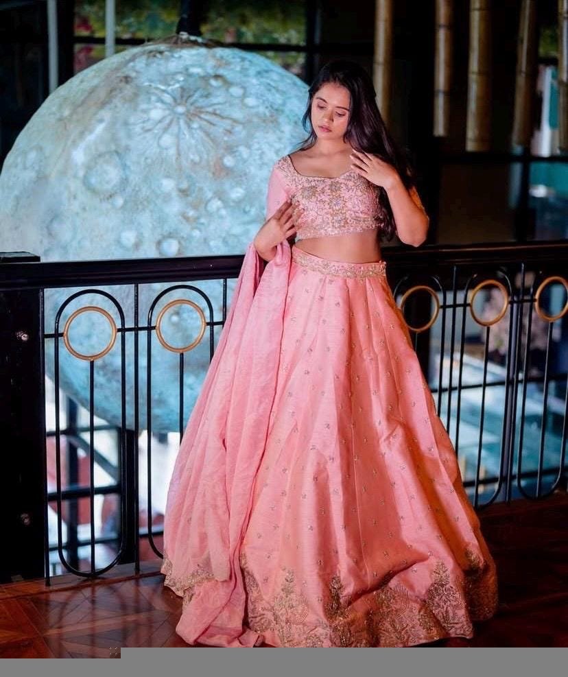 Pink Hand Embroidered Raw Silk Lehenga Set: Indian Bridal Crop Top,Indian wedding lehenga,bridal lehenga,pink reception lehenga,heavy leheng