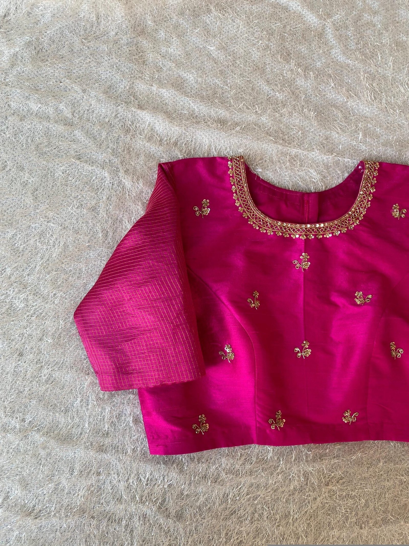 Hand Embroidered Pink Raw Silk Blouse: Zardosi Maggam Saree Top
