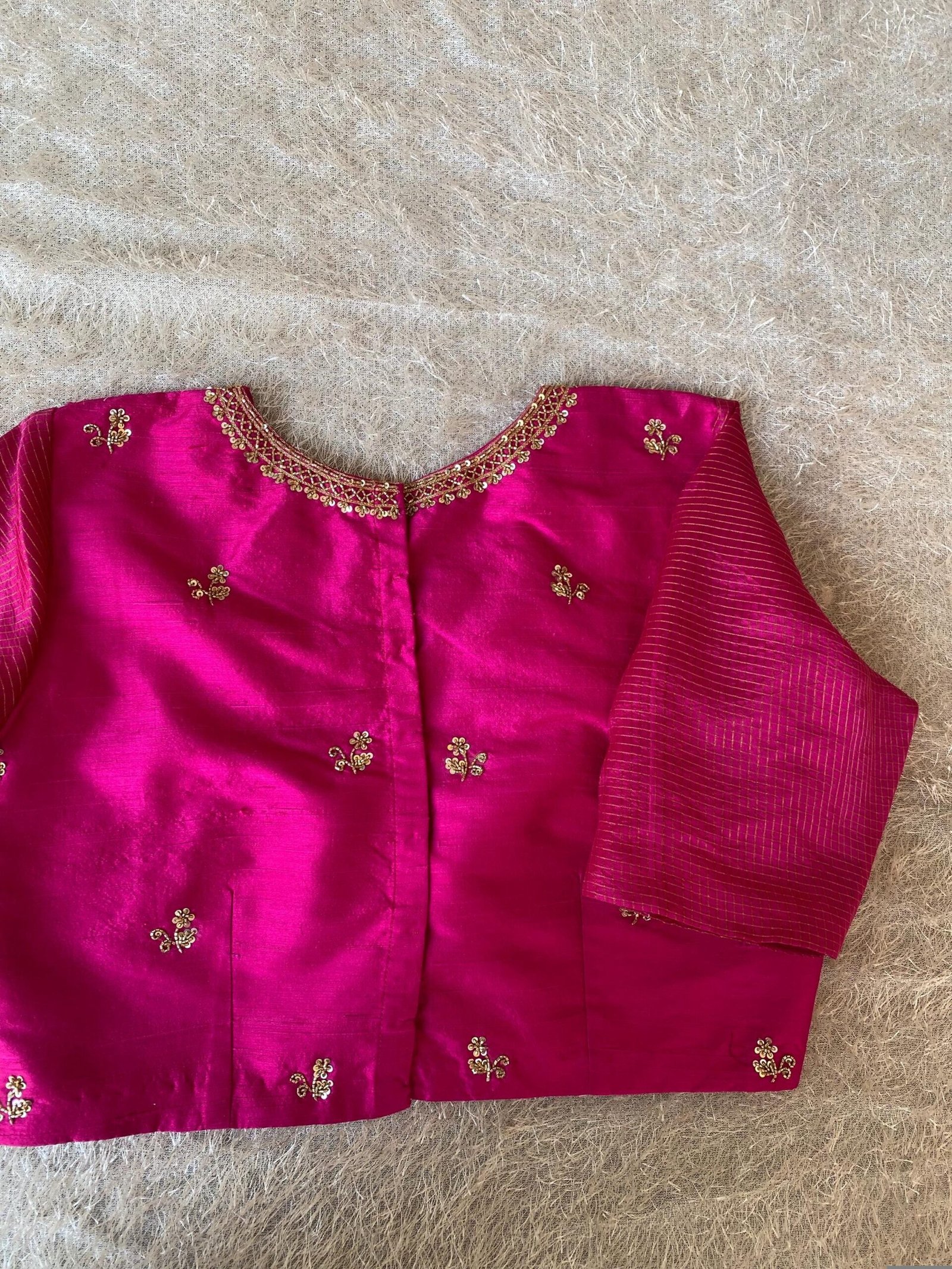 Hand Embroidered Pink Raw Silk Blouse: Zardosi Maggam Saree Top