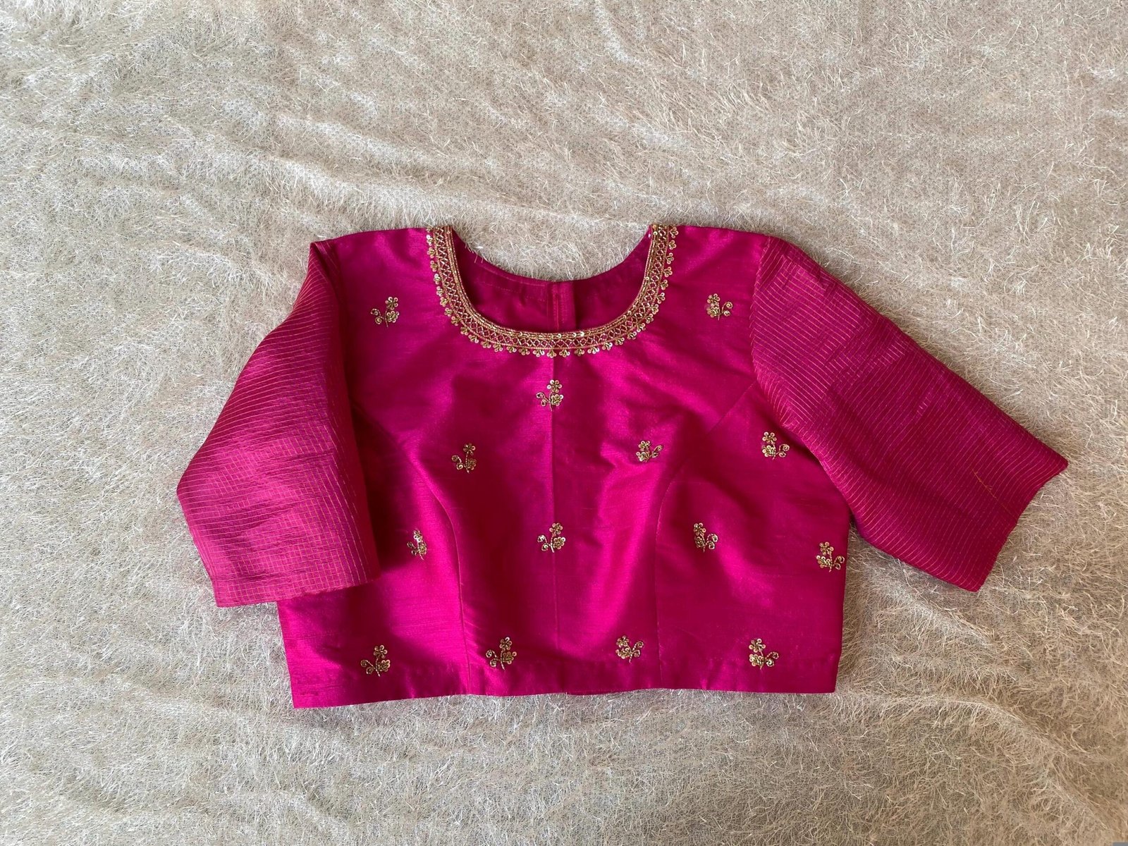 Hand Embroidered Pink Raw Silk Blouse: Zardosi Maggam Saree Top