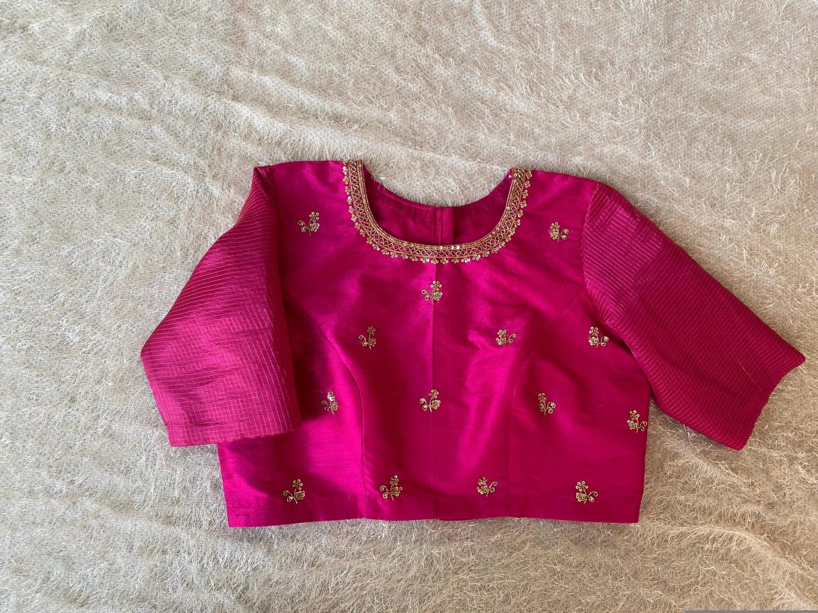 Hand Embroidered Pink Raw Silk Blouse: Zardosi Maggam Saree Top