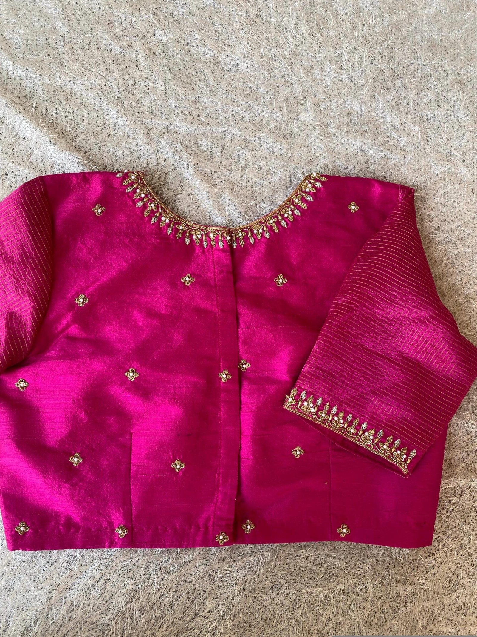 Pink Raw Silk Blouse: Hand Embroidered Zardosi Maggam Saree Top