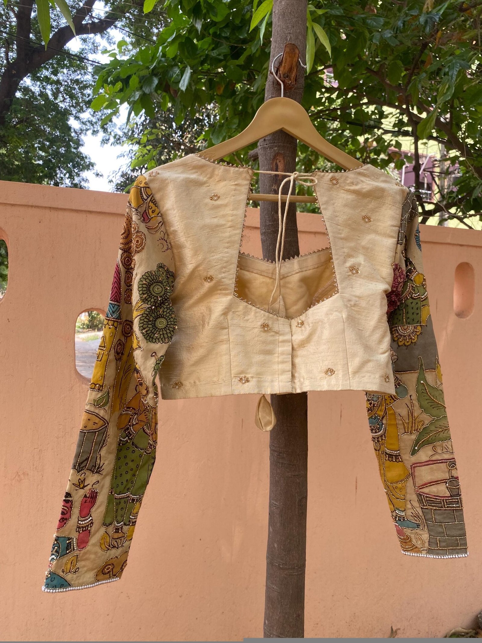 Hand-Painted Kalamkari Silk Blouse: Embroidered Maggam Work
