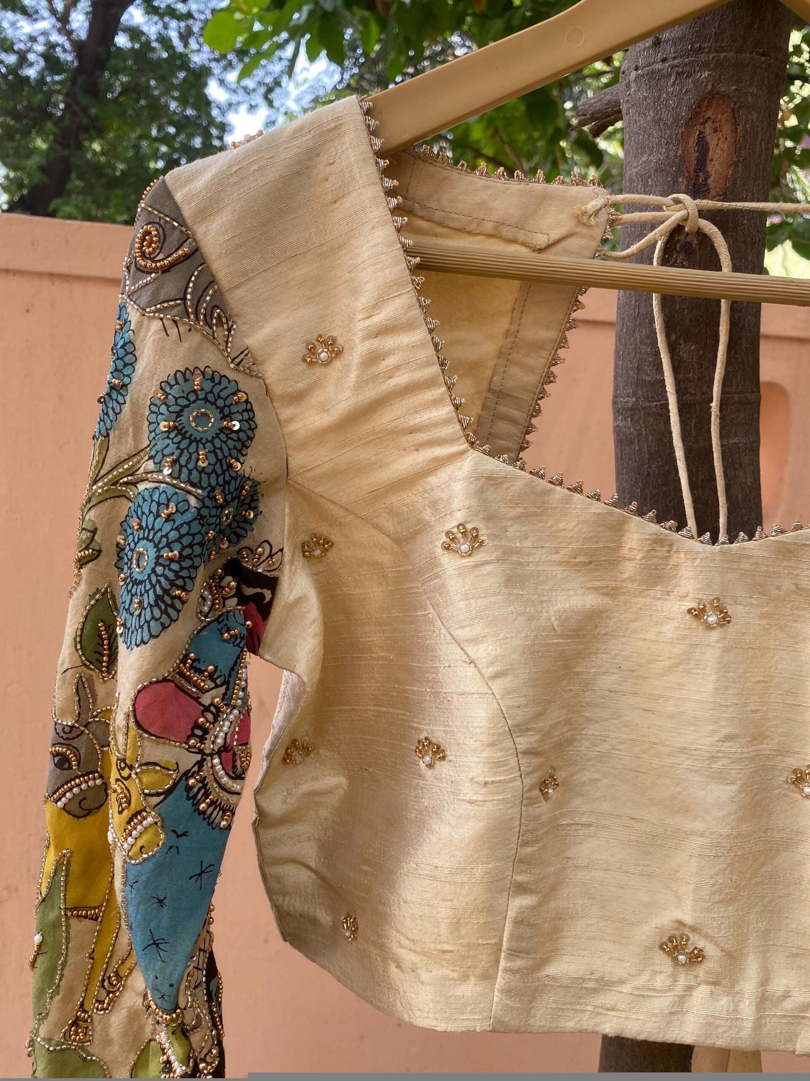 Hand-Painted Kalamkari Silk Blouse: Embroidered Maggam Work
