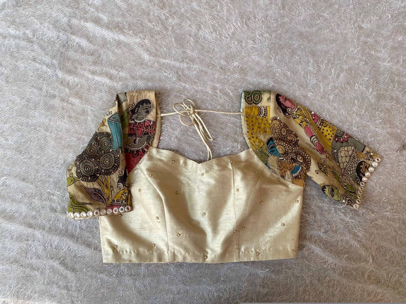 Hand-Painted Kalamkari Silk Blouse: Embroidered Maggam Work, hand work kalamkari blouse,beige blouse,handpainted blosue,mix and match blouse