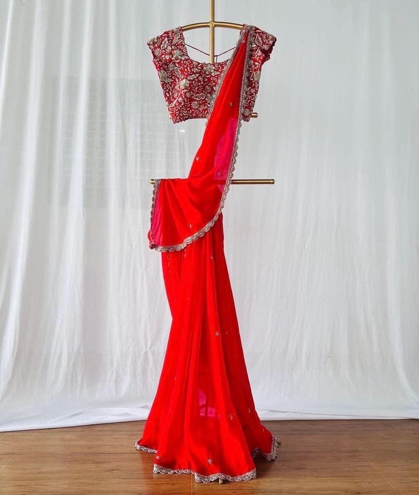 Red Silk Saree with Hand-Embroidered Zardosi Blouse,red handwork saree,red saree,cocktail saree,maggam saree,wedding saree,saree with blouse