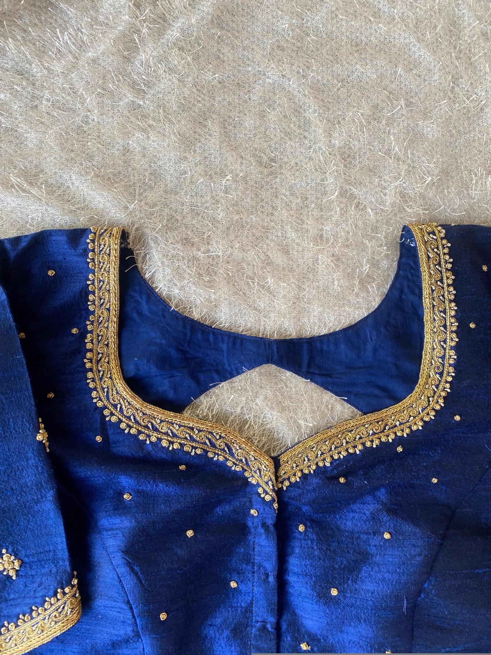 Navy Blue Silk Saree Blouse: Hand Embroidered Zardosi Crop Top