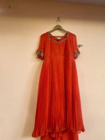 Hand Embroidered Orange Anarkali Suit: Georgette Indian Kurta Set