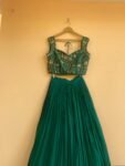 Green Lehenga Set: Hand Embroidered Silk Crop Top Skirt, blue lehenga set, cape lehenga set,teens lehenga,wedding lehenga,green hand work bl