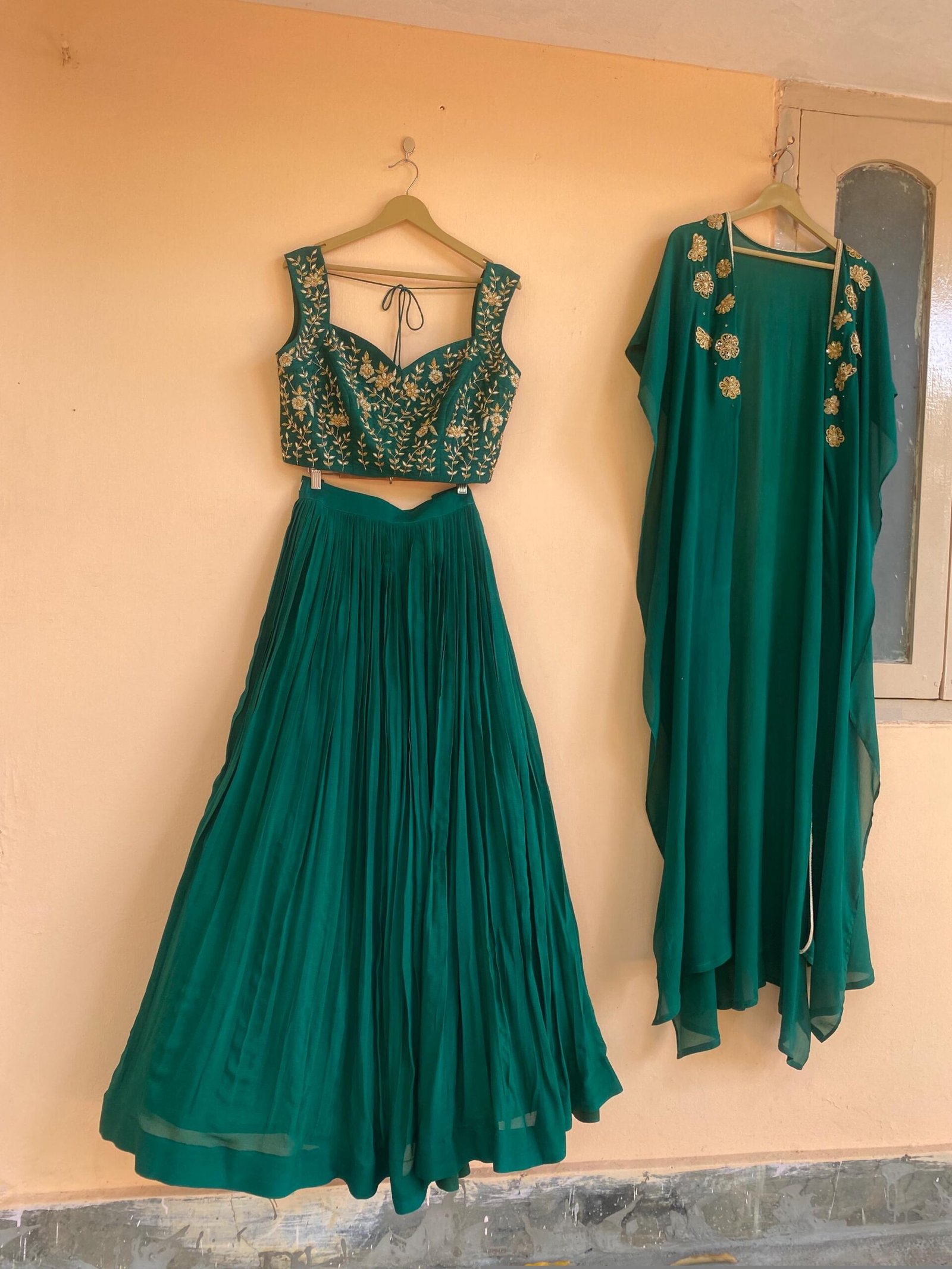 Green Lehenga Set: Hand Embroidered Silk Crop Top Skirt, blue lehenga set, cape lehenga set,teens lehenga,wedding lehenga,green hand work bl