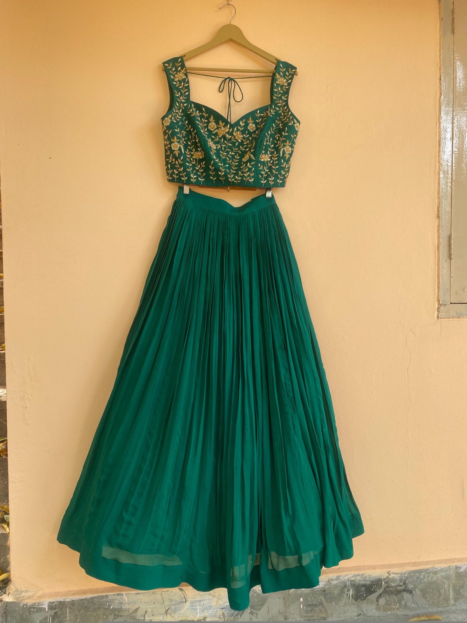 Green Lehenga Set: Hand Embroidered Silk Crop Top Skirt, blue lehenga set, cape lehenga set,teens lehenga,wedding lehenga,green hand work bl
