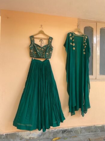 Green Lehenga Set: Hand Embroidered Silk Crop Top Skirt, blue lehenga set, cape lehenga set,teens lehenga,wedding lehenga,green hand work bl