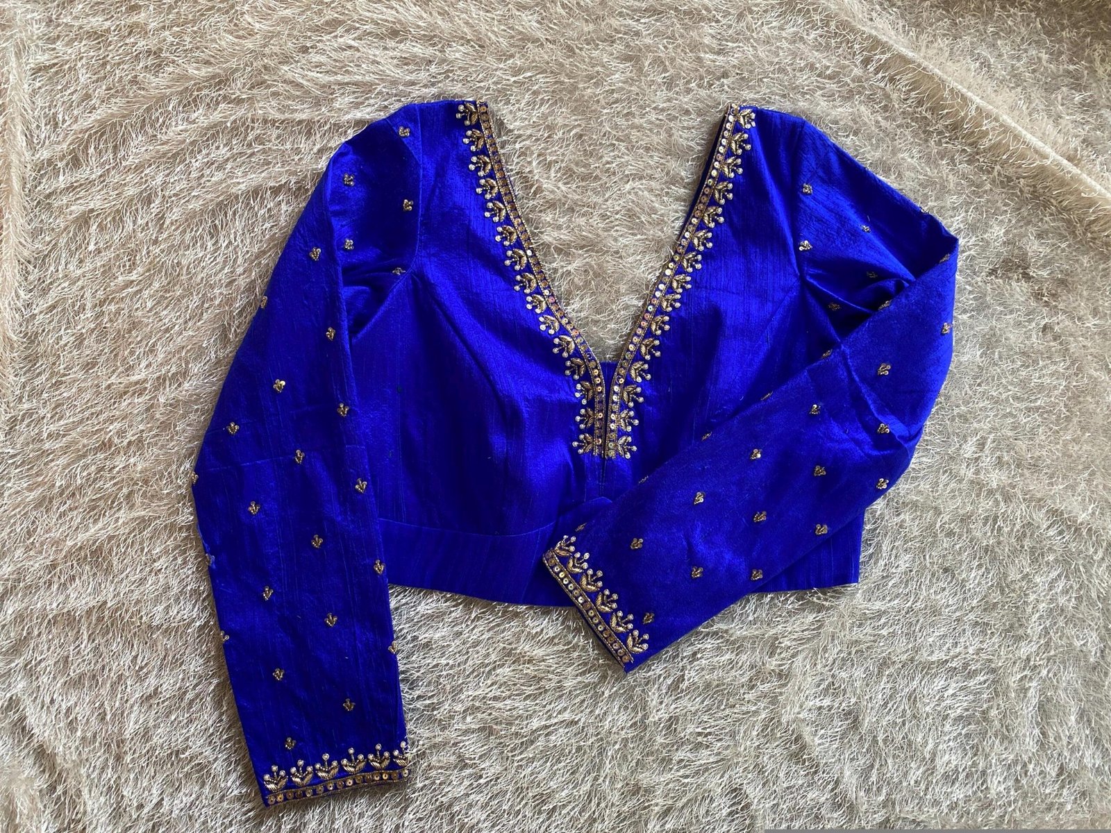 Royal Blue Silk Saree Blouse: Hand Embroidered Zardosi Maggam, Full Sleeve