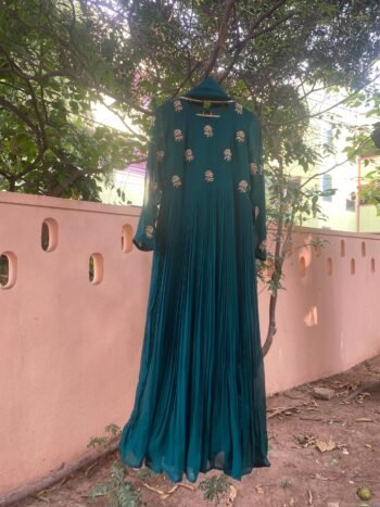 Green Georgette Anarkali Suit: Hand Embroidered Indian Dress with Dupatta