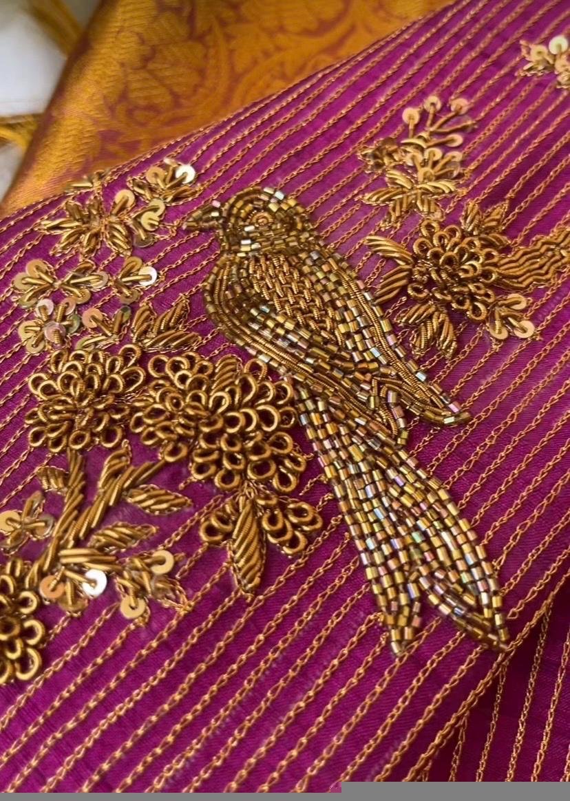 Magenta Pink Silk Blouse: Hand Embroidered Zardosi Maggam Work