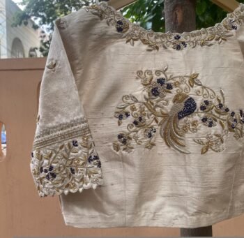 Hand Embroidered Zardosi Blouse: Cream Raw Silk Saree Blouse