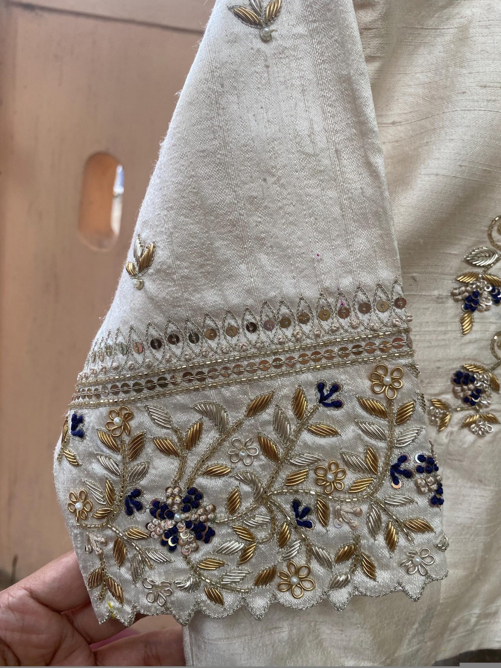 Hand Embroidered Zardosi Blouse: Cream Raw Silk Saree Blouse