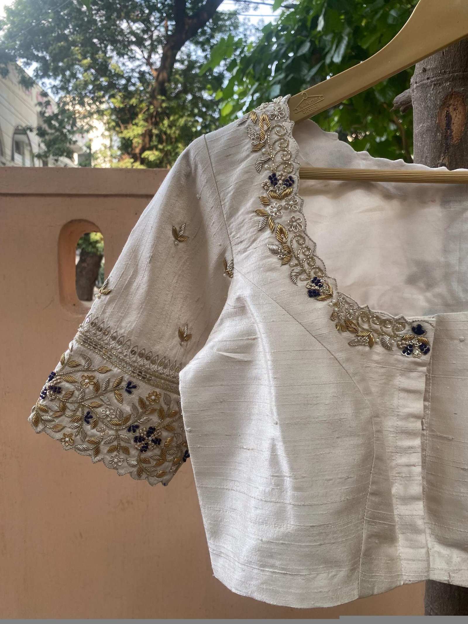 Hand Embroidered Zardosi Blouse: Cream Raw Silk Saree Blouse