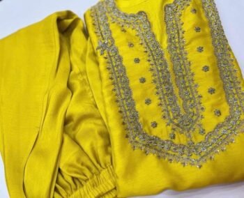 Hand Embroidered Haldi Kurta Pajama Set: Yellow Silk Indian Dress