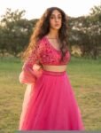 Hand Embroidered Pink Organza Lehenga Set: Indian Crop Top Skirt