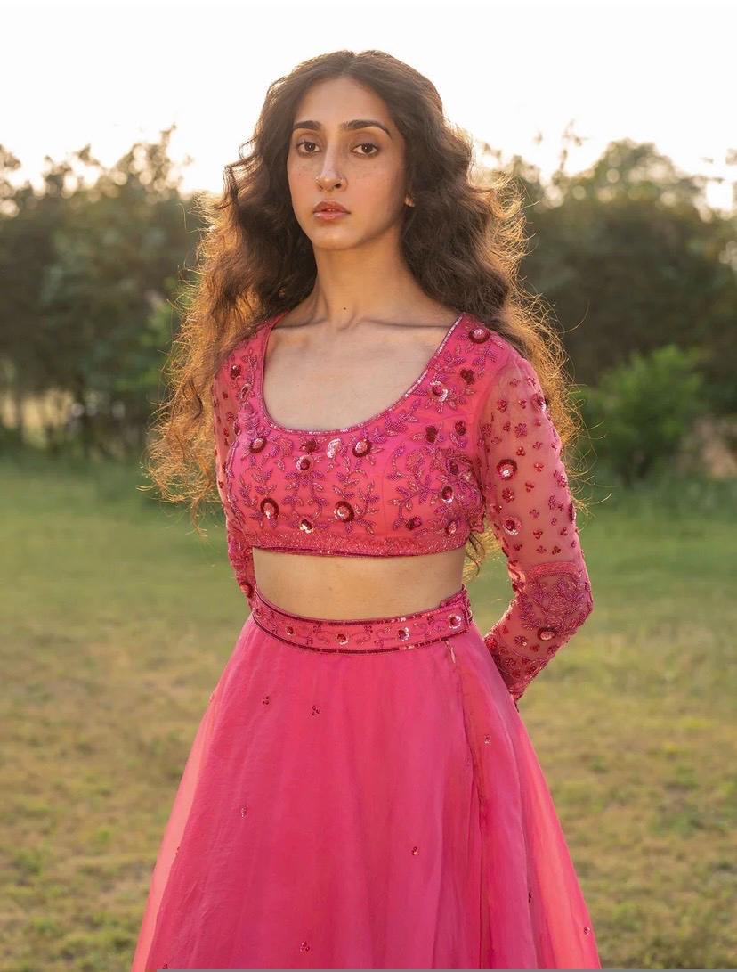 Hand Embroidered Pink Organza Lehenga Set: Indian Crop Top Skirt