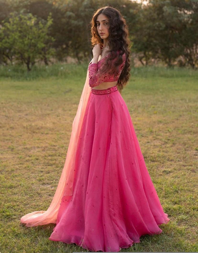 Hand Embroidered Pink Organza Lehenga Set: Indian Crop Top Skirt