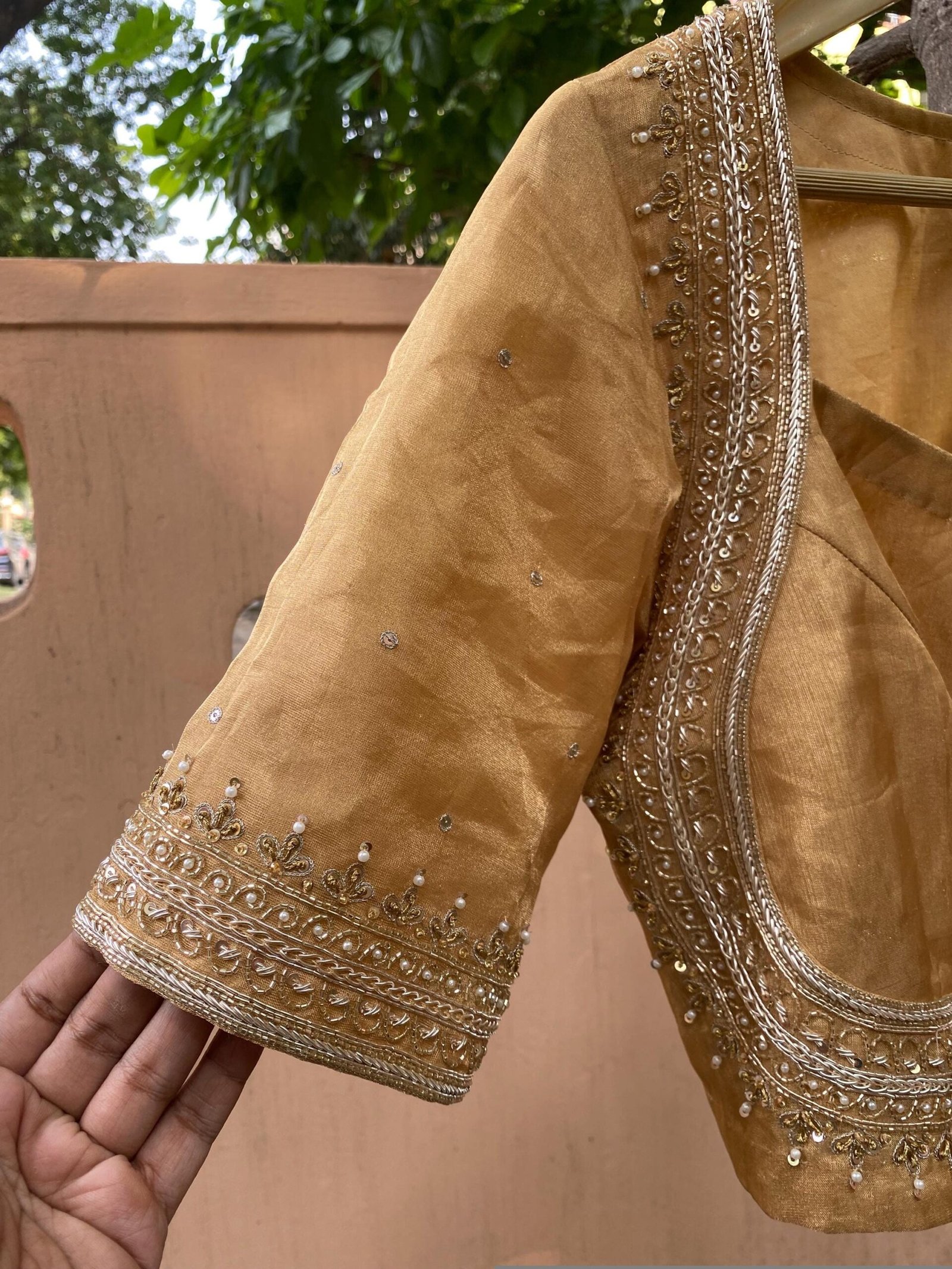 Pure Silk Saree Blouse:Golden Zardosi Hand Embroidery, Elbow Sleeve,golden tissue blouse,handwork blouse,silver blouse,golden blouse USA