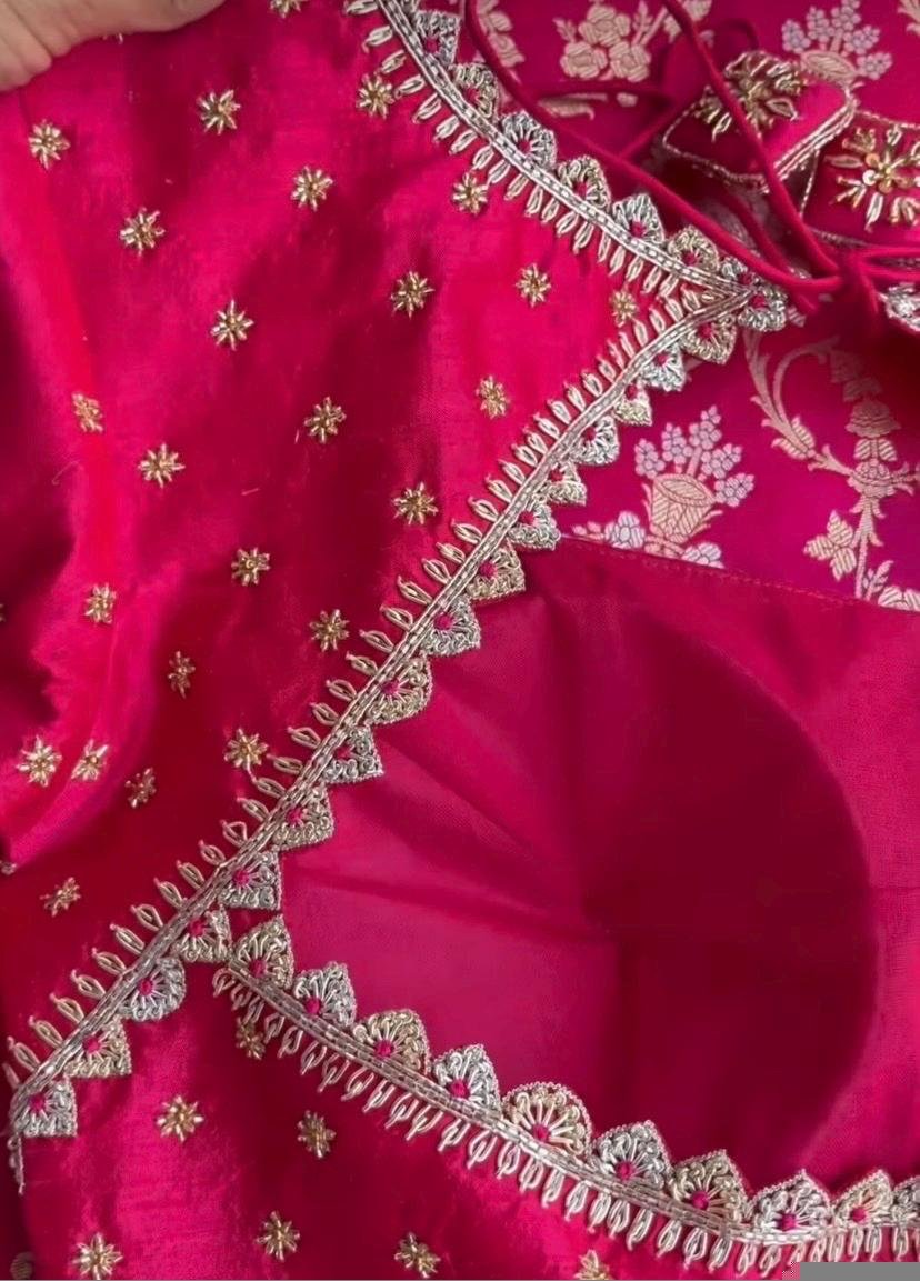 Hand Embroidered Silk Saree Blouse: Rani Pink Zardosi Maggam