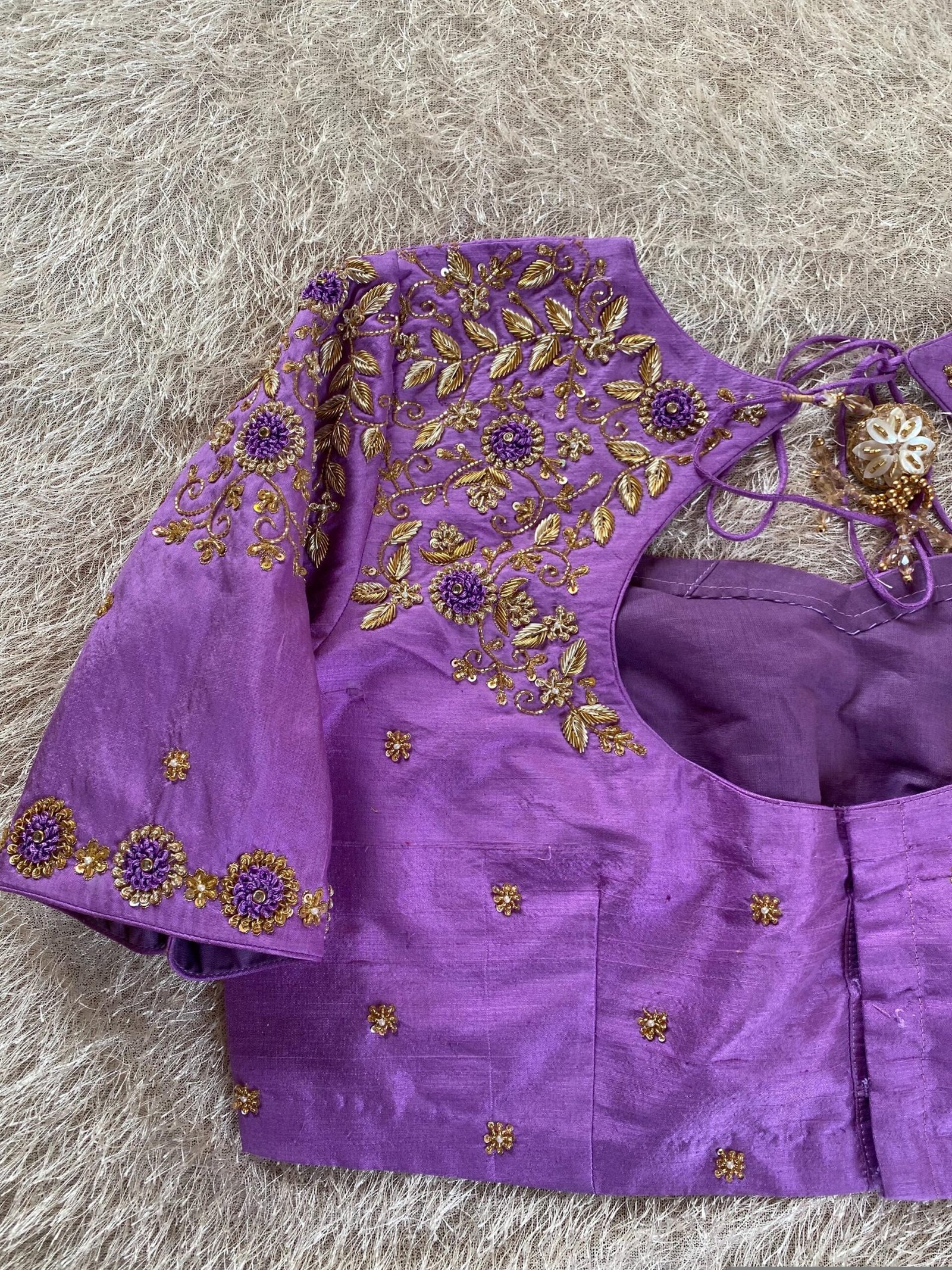 Lavender Hand-Embroidered Saree Blouse: Raw Silk Zardosi Maggam Work