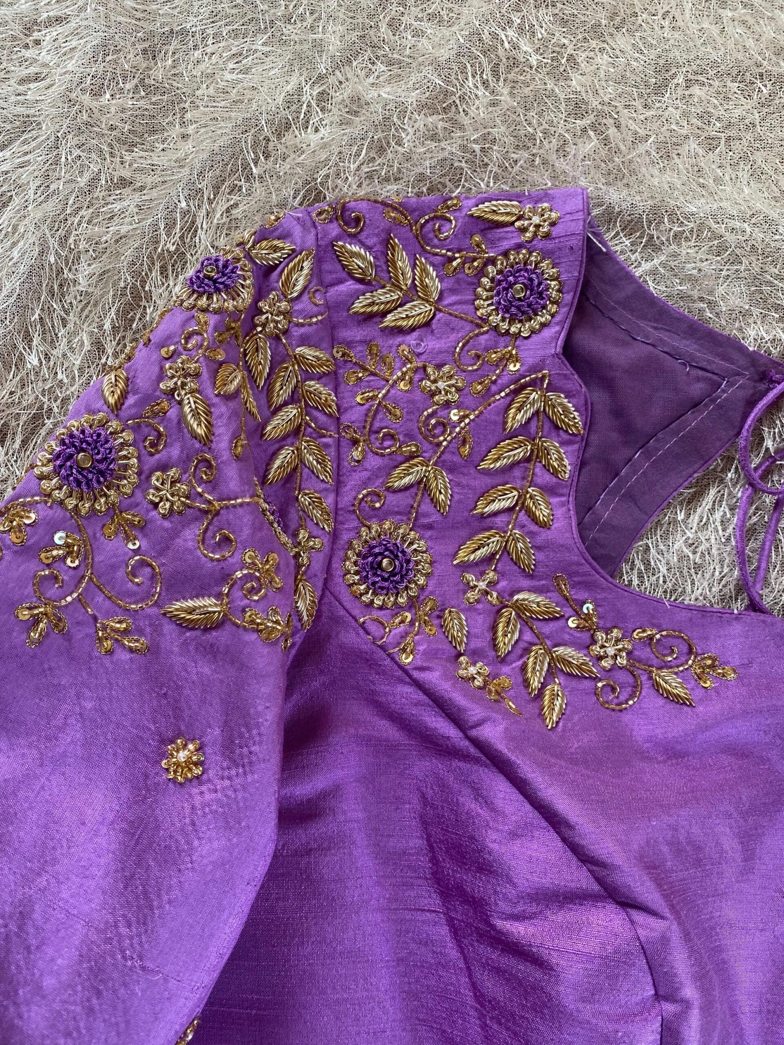 Lavender Hand-Embroidered Saree Blouse: Raw Silk Zardosi Maggam Work